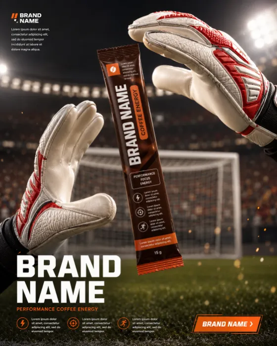 Goalkeeper gloves holding a coffee energy stick in a football stadium with bokeh lights.