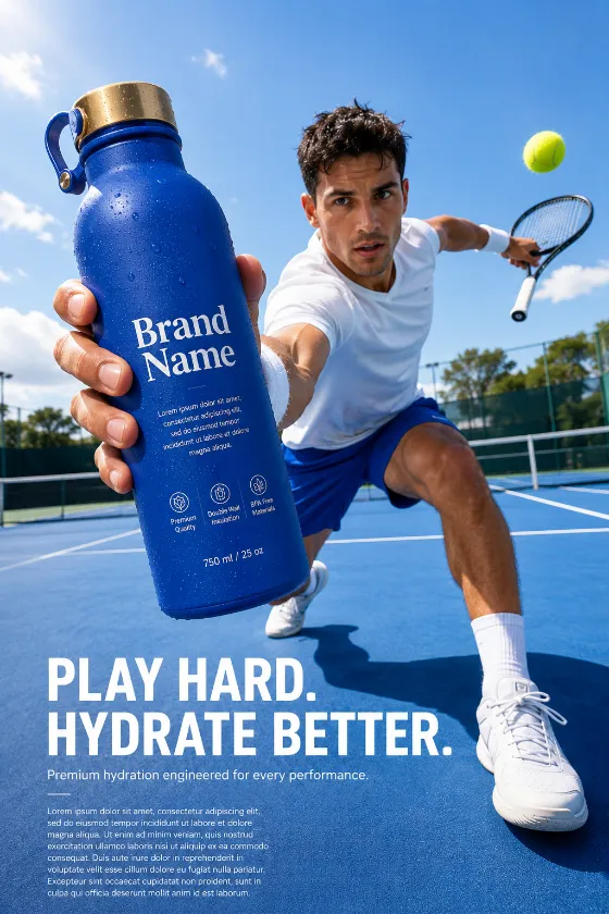 Commercial sports advertisement featuring a reusable insulated water bottle with dynamic tennis action.