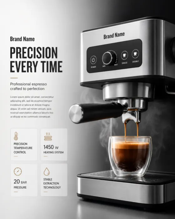 Luxury espresso machine with realistic espresso extraction and premium industrial design.