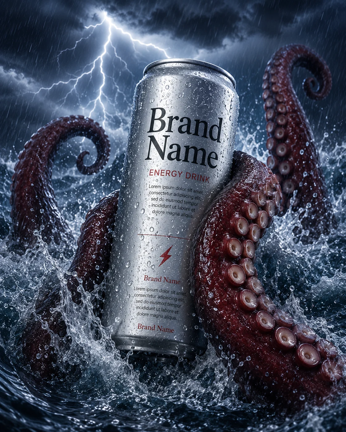 Premium beverage can surrounded by octopus tentacles in a stormy ocean with dramatic lighting.
