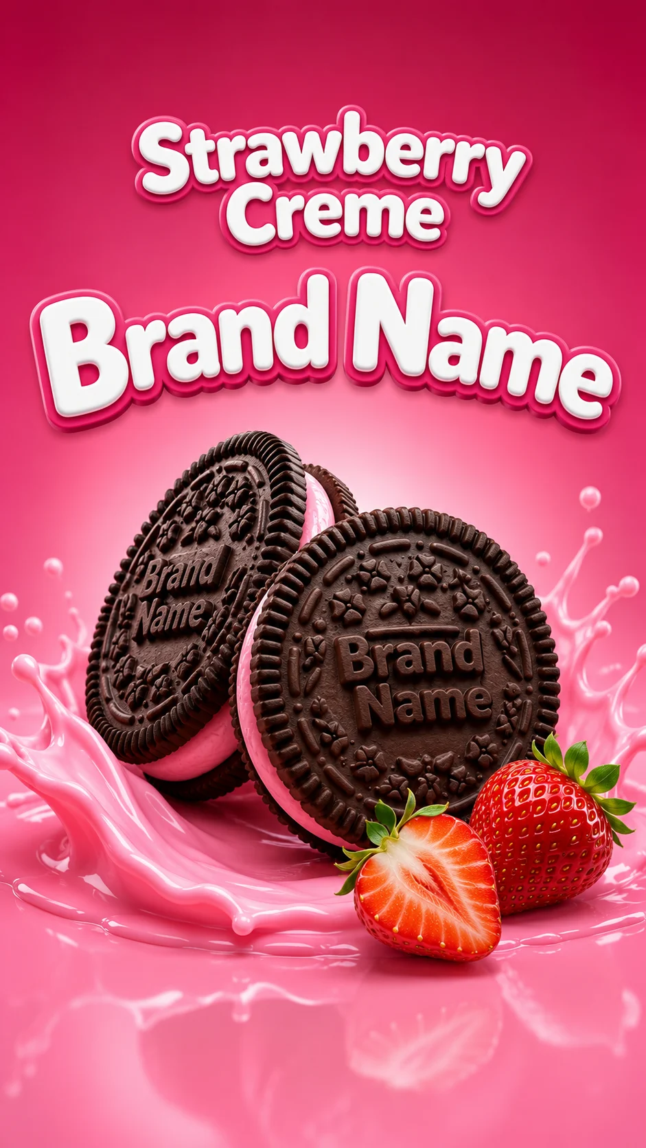 Premium commercial strawberry cream chocolate sandwich cookie hero image with fresh strawberries.