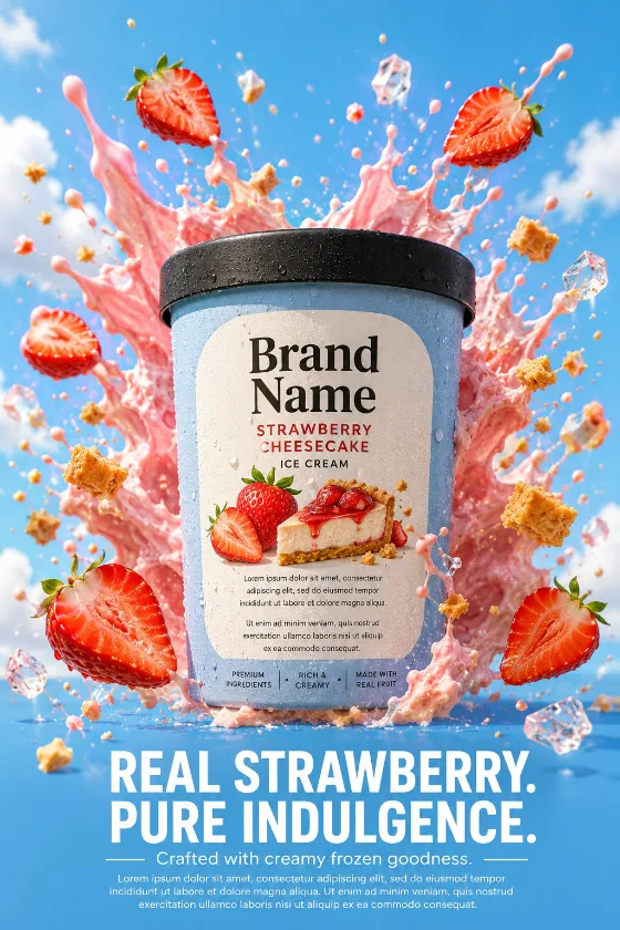 A premium sky-blue ice cream tub surrounded by floating strawberries, cheesecake crumble, and creamy splash against a bright blue sky with clouds.