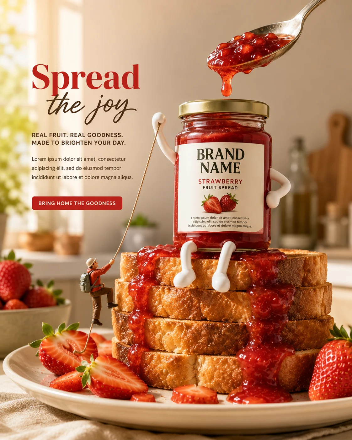 Premium strawberry spread jar with toast and creative miniature food advertising concept.