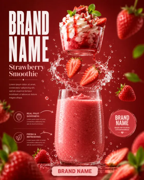 Premium strawberry smoothie hero image with floating strawberries and dramatic splash effects.