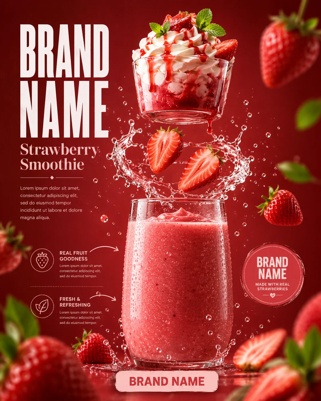 Premium strawberry smoothie hero image with floating strawberries and dramatic splash effects.