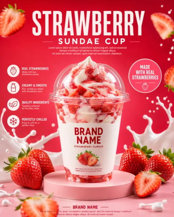 Commercial product poster showing a strawberry sundae dessert cup on a pink pedestal surrounded by strawberries and milk splashes.