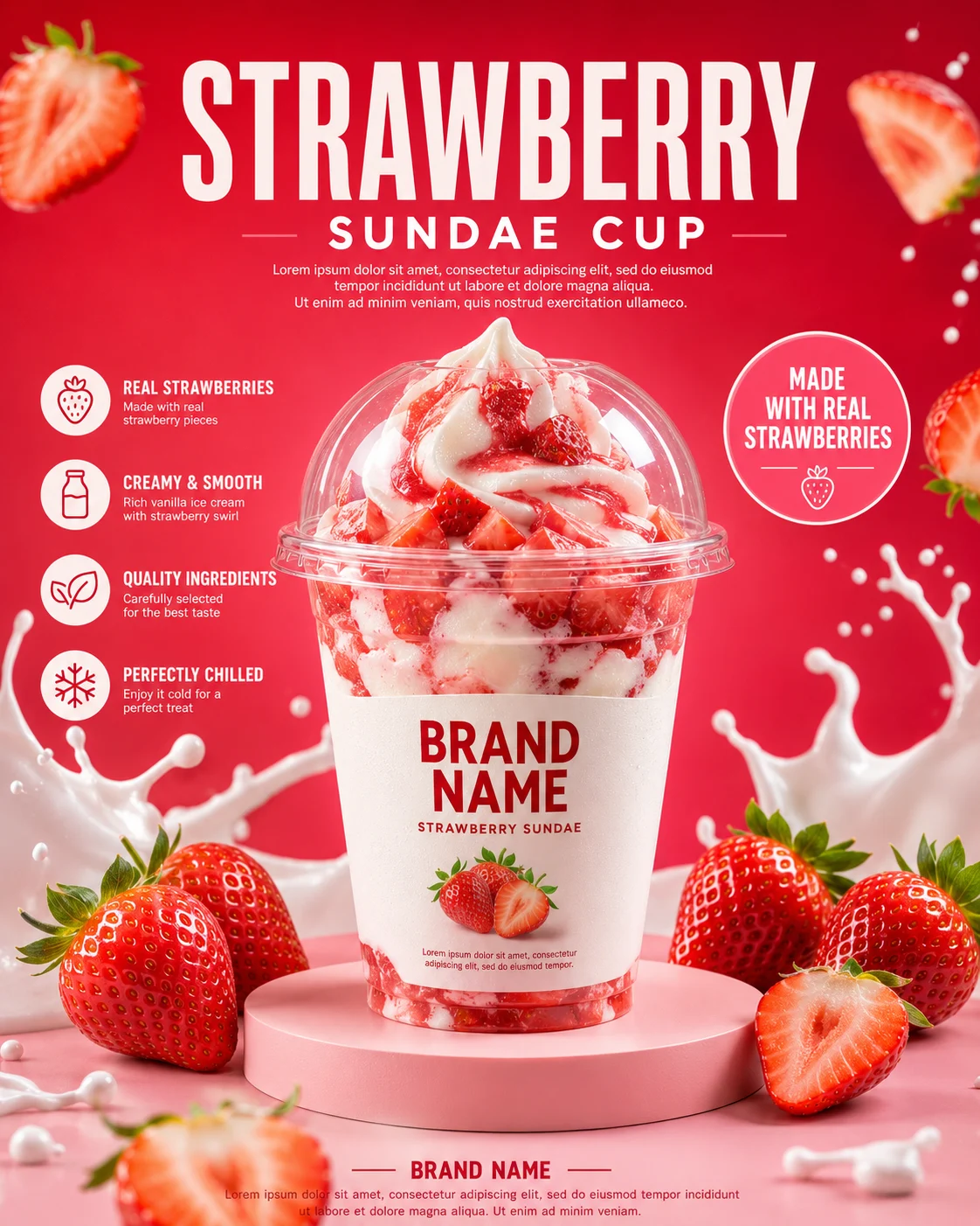 Commercial product poster showing a strawberry sundae dessert cup on a pink pedestal surrounded by strawberries and milk splashes.