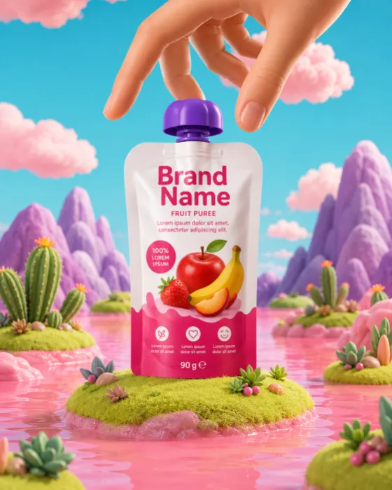 Colorful stylized 3D fruit puree squeeze pouch in a fantasy miniature world with a giant hand reaching toward the cap.