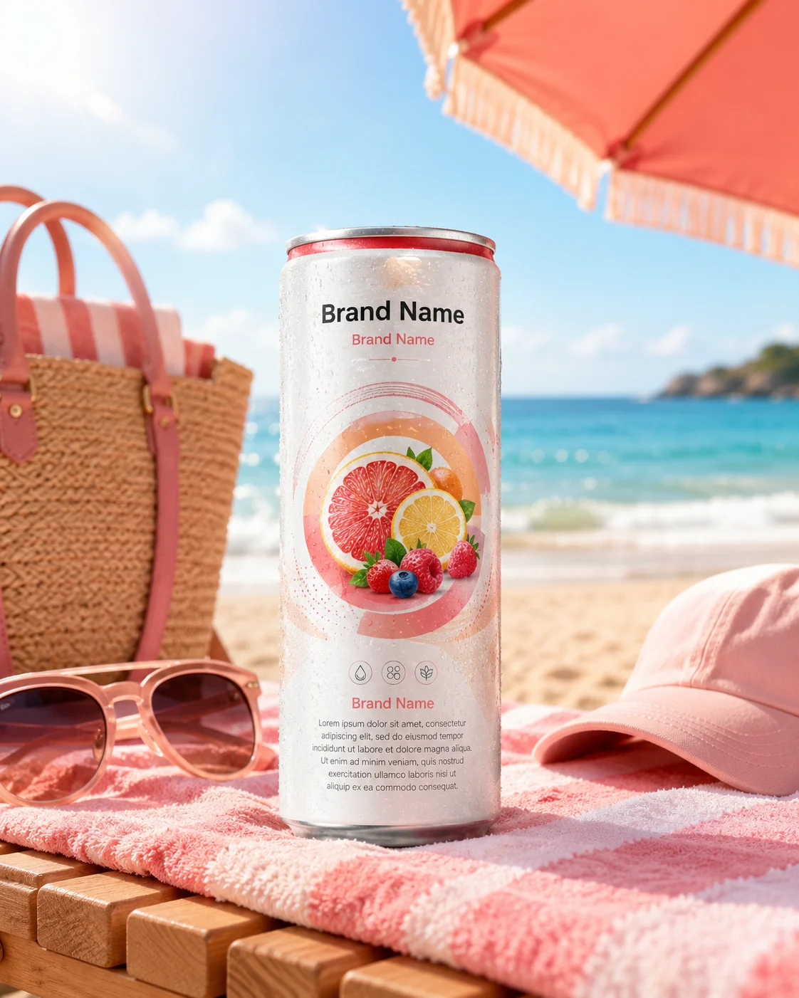 Premium fruit beverage can displayed on a beach chair with summer accessories and an ocean background.