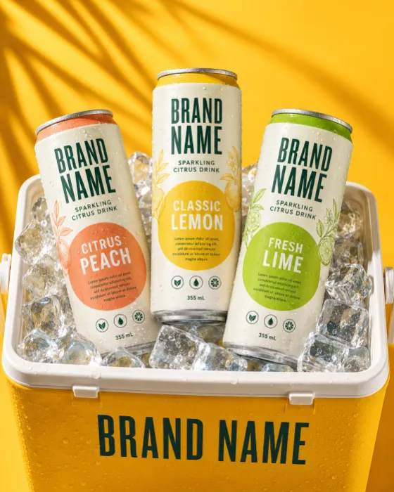 Premium chilled beverage cans inside a yellow cooler with crystal-clear ice.