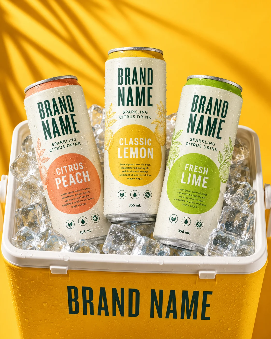 Premium chilled beverage cans inside a yellow cooler with crystal-clear ice.