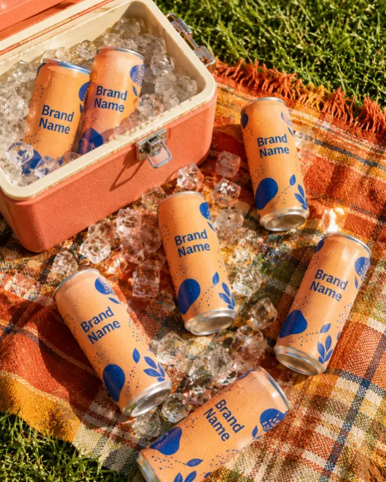 Premium canned beverages styled with a retro cooler and ice in an outdoor picnic setting.
