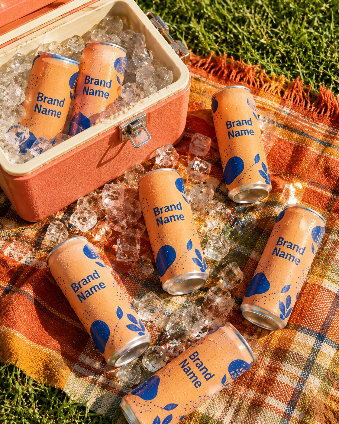 Premium canned beverages styled with a retro cooler and ice in an outdoor picnic setting.