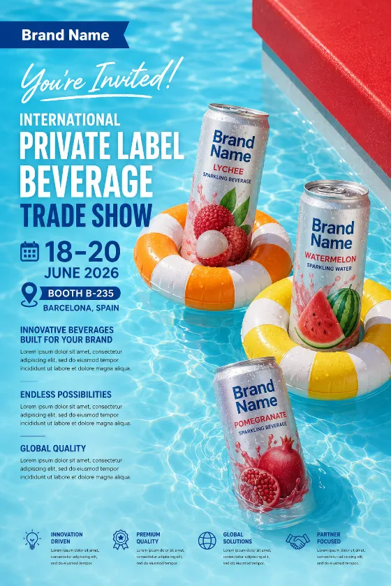 Commercial poster with floating beverage cans in a swimming pool using colorful inflatable rings.