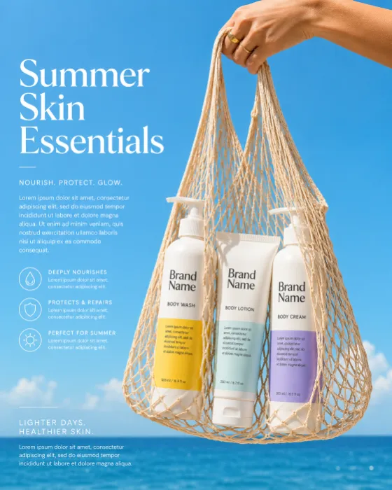 Three premium skincare products in a woven mesh bag held against a bright blue summer sky with ocean horizon.