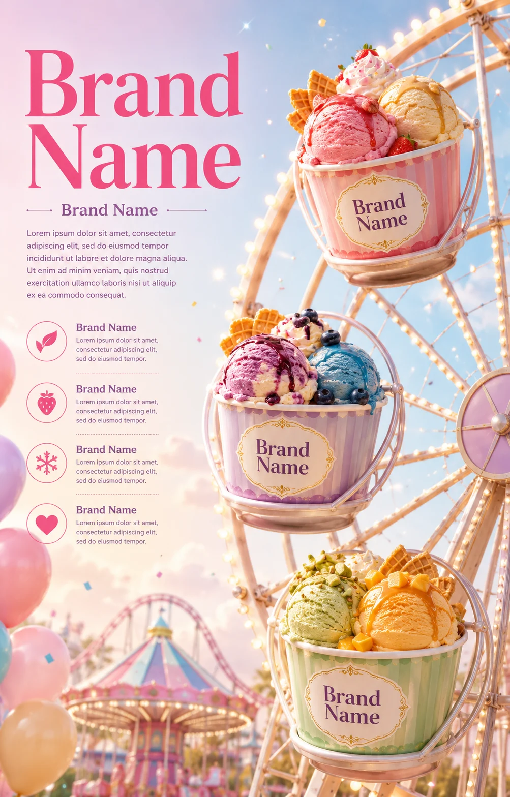 Three premium colorful ice cream cups displayed as cabins on a Ferris wheel in a pastel summer amusement park with soft sunlight.