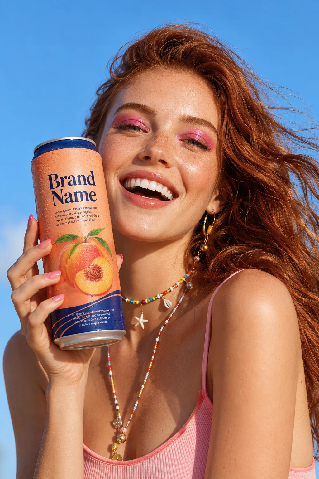 Smiling model holding a fruit beverage can outdoors beneath a bright blue sky.