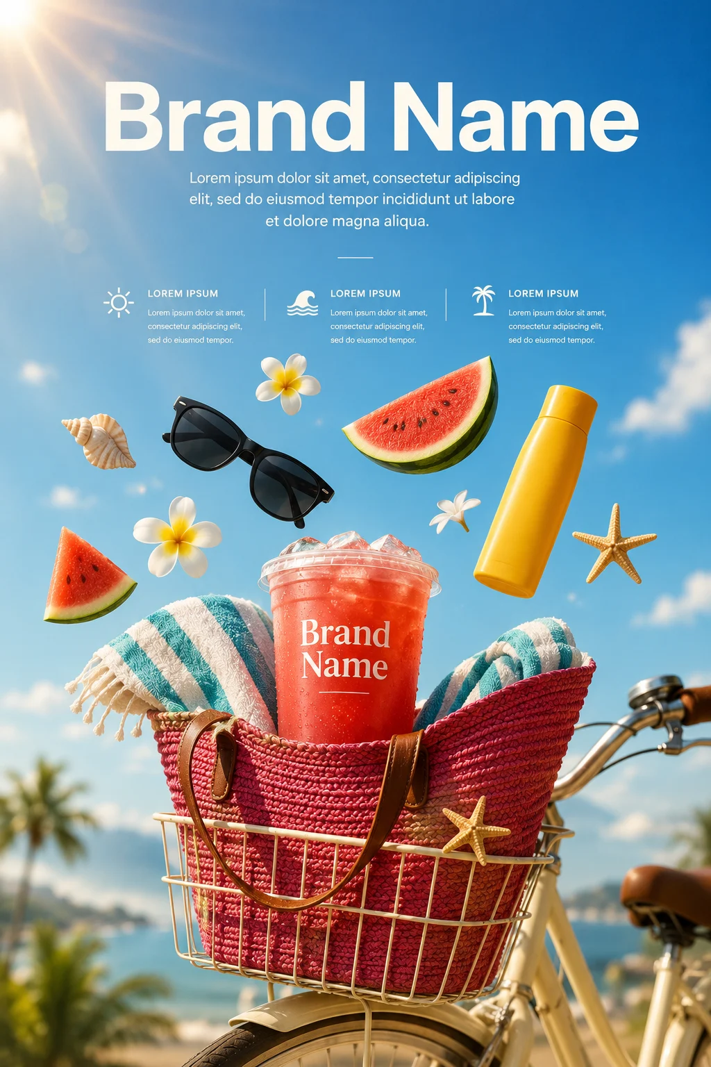 Commercial lifestyle advertisement showing an iced beverage with floating summer accessories on a bicycle.