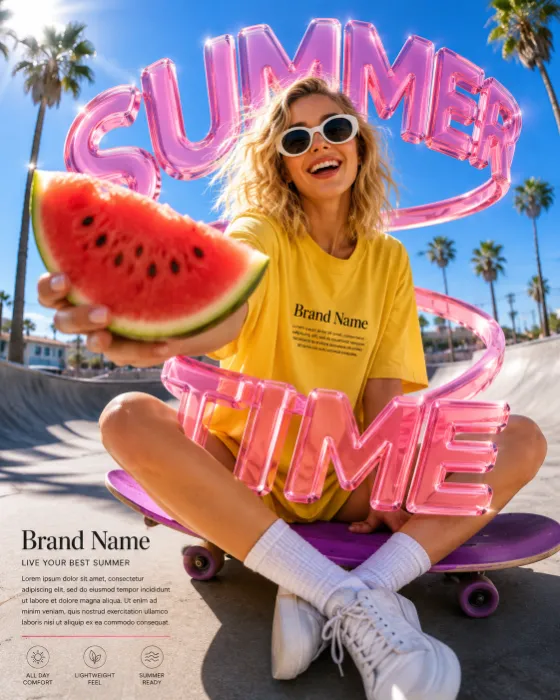 A joyful young woman holding a watermelon slice toward the camera while sitting on a skateboard with oversized pink 3D lettering behind her.