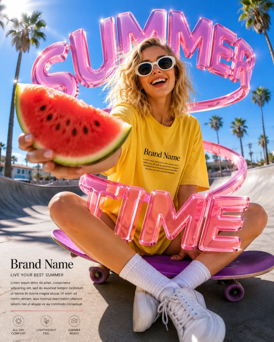 A joyful young woman holding a watermelon slice toward the camera while sitting on a skateboard with oversized pink 3D lettering behind her.