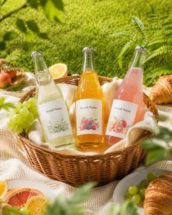 Commercial lifestyle photograph of premium sparkling beverages in a summer picnic basket surrounded by fresh fruit.