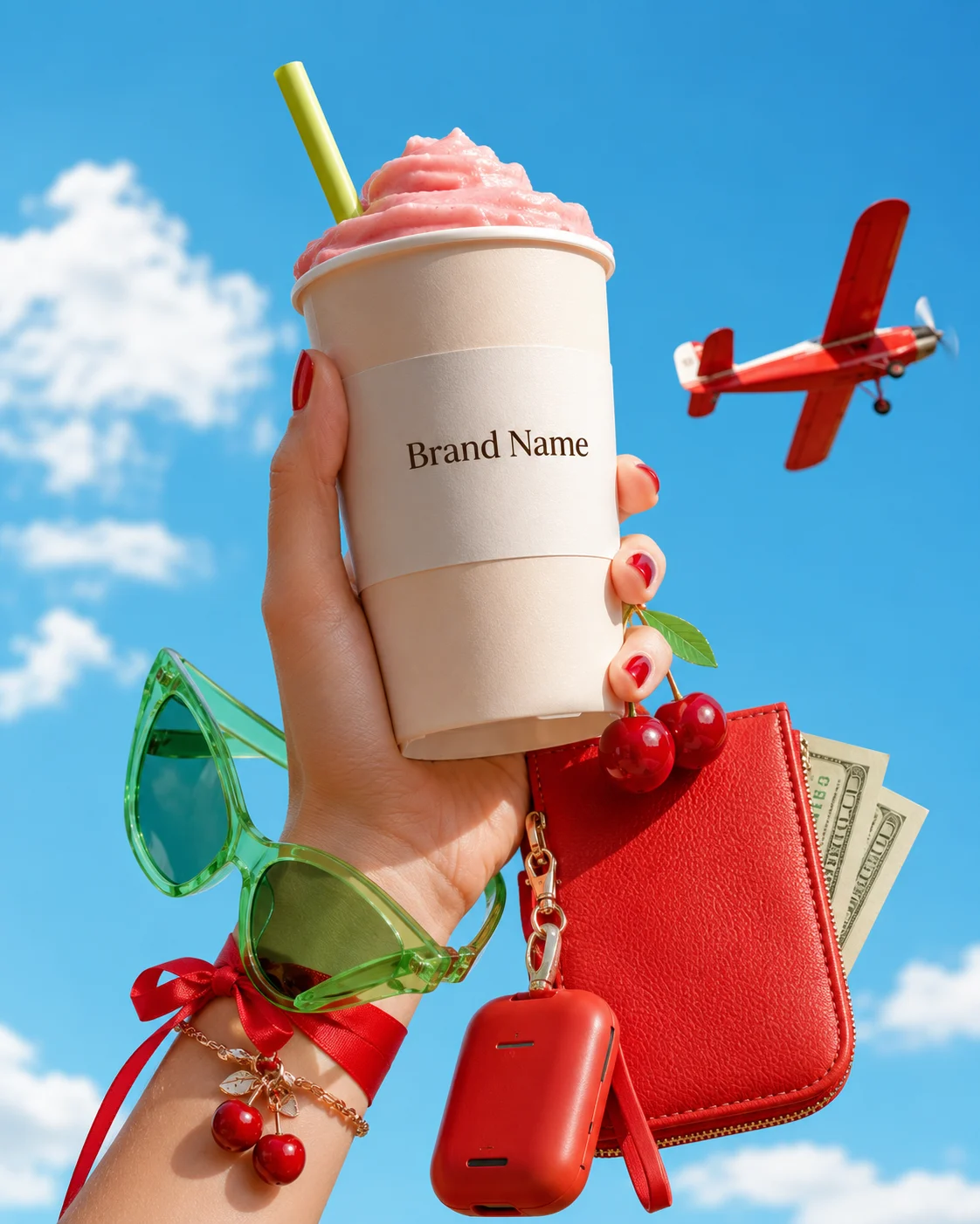 Premium frozen smoothie lifestyle campaign with colorful accessories and bright summer sky.