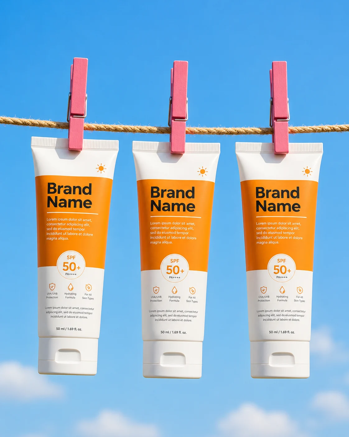 Three sunscreen tubes hanging from a clothesline with pink clothespins against a blue sky.