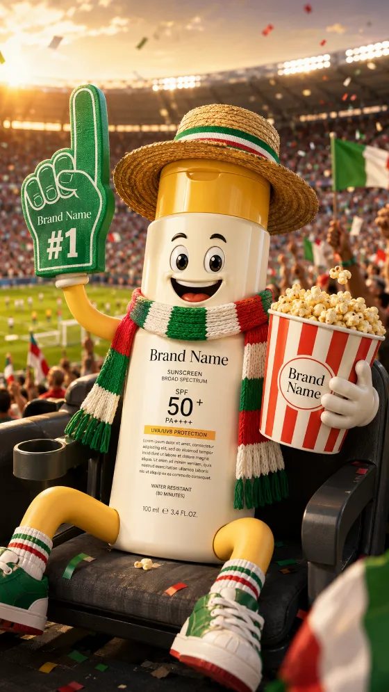 A sunscreen bottle mascot with a straw hat and scarf cheering in a stadium, holding popcorn and a foam finger.