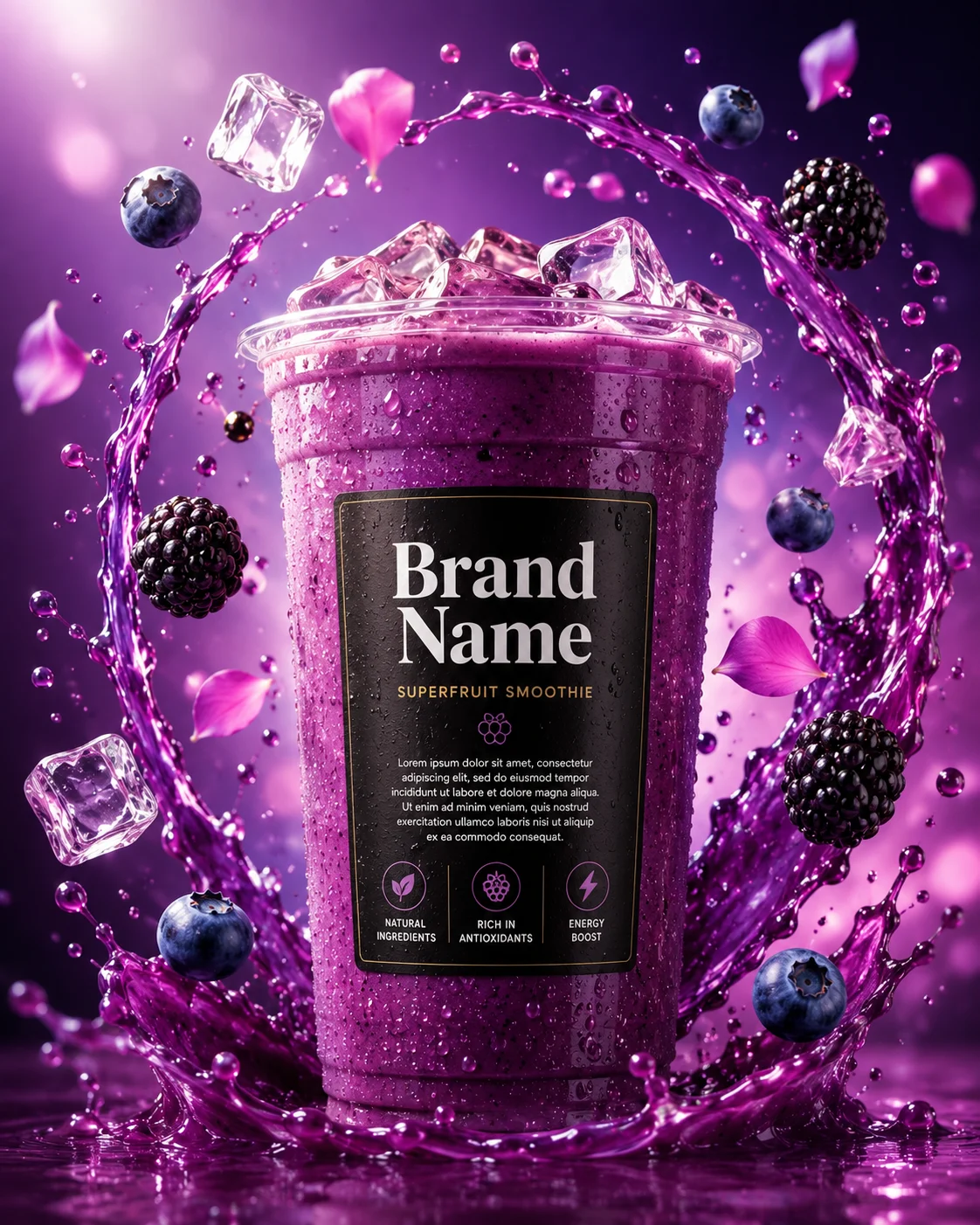 Commercial berry smoothie with floating fruit, liquid splashes, and premium studio lighting.