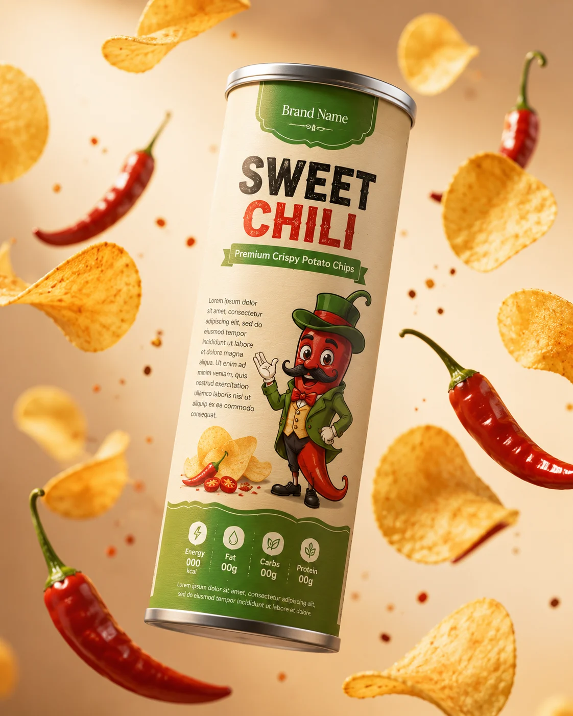 Premium floating potato chip package with suspended chips and chili peppers.