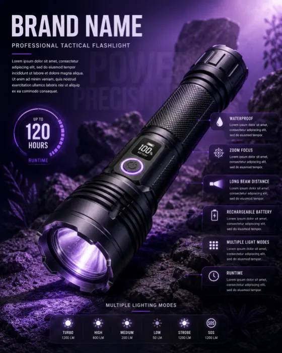 Professional tactical flashlight commercial advertising campaign with premium outdoor styling.