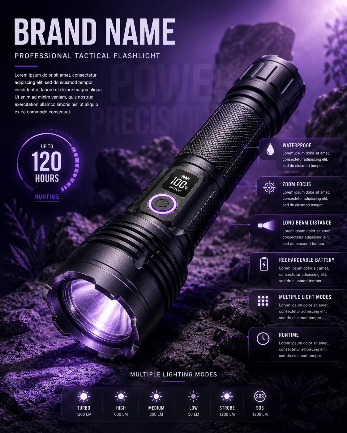 Professional tactical flashlight commercial advertising campaign with premium outdoor styling.