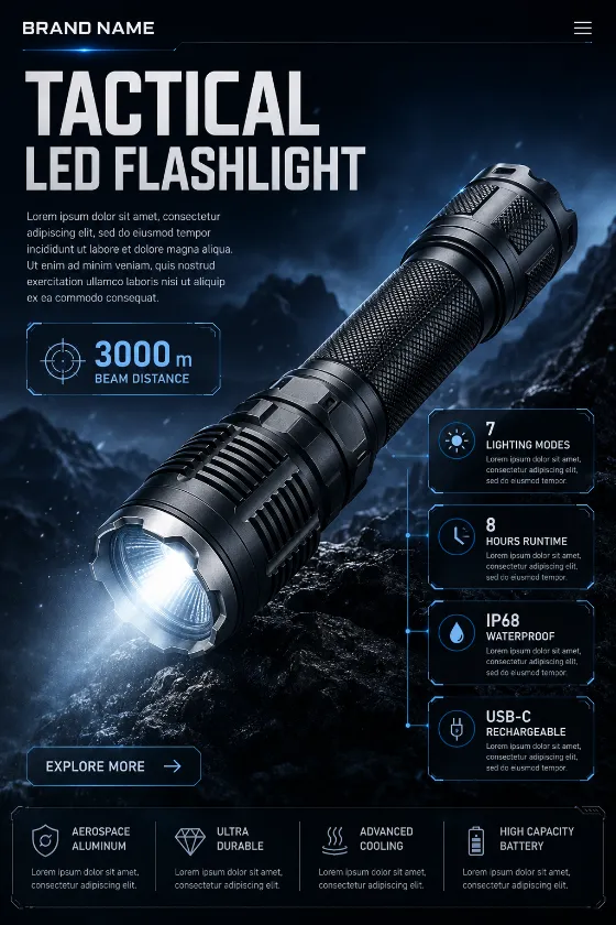 Professional tactical flashlight commercial poster with cinematic outdoor lighting.