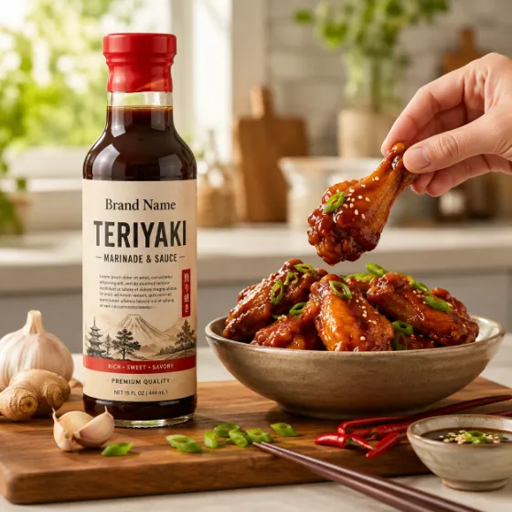 Premium commercial image of a teriyaki sauce bottle with glazed chicken wings.