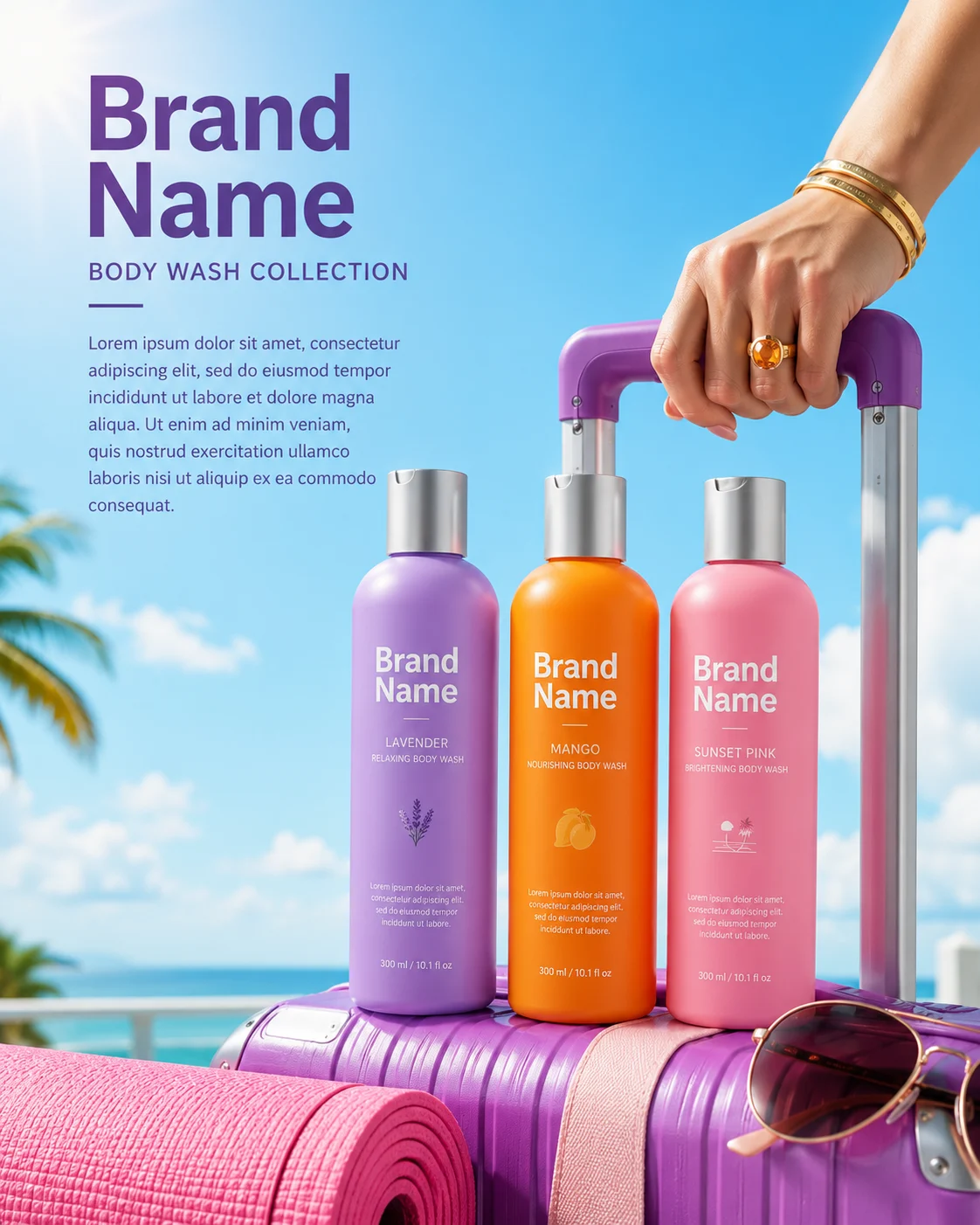Three colorful body wash bottles on a suitcase with sunglasses, yoga mat, and hand holding handle under blue sky.