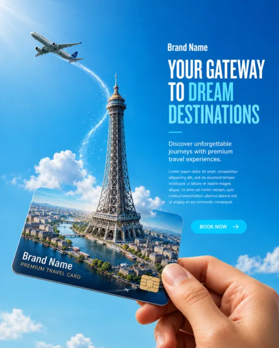 Conceptual travel advertisement with a premium travel card transforming into a destination.