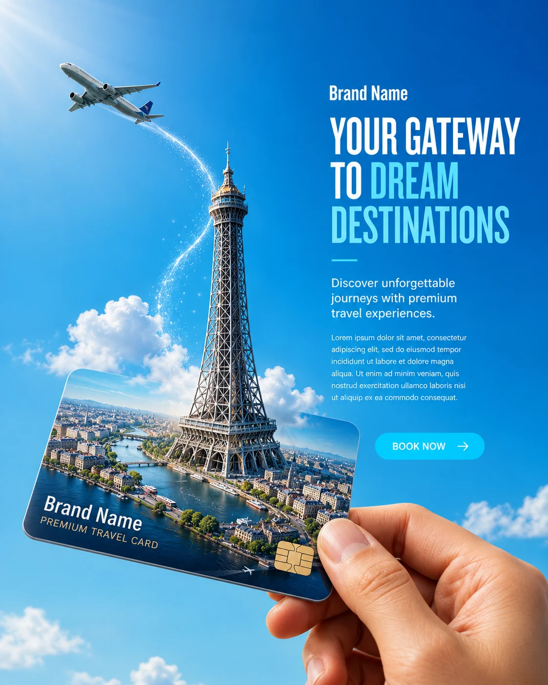 Conceptual travel advertisement with a premium travel card transforming into a destination.