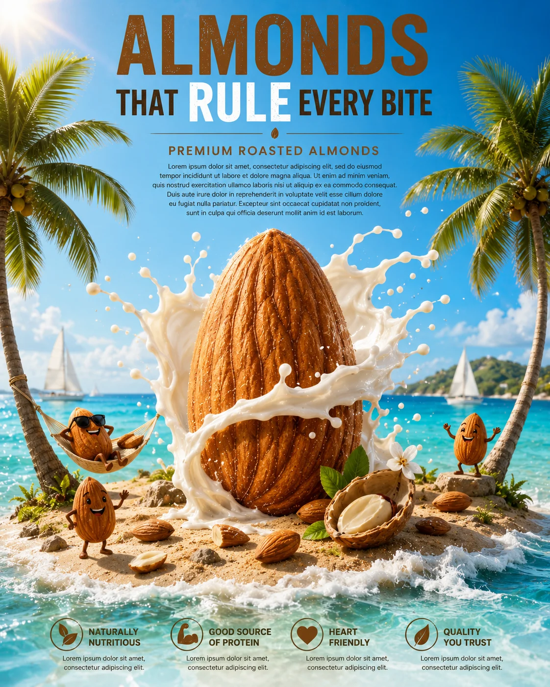 Vertical image of a giant roasted almond on a tropical island with almond milk splash, miniature almonds, palm trees, ocean, and sailboats.