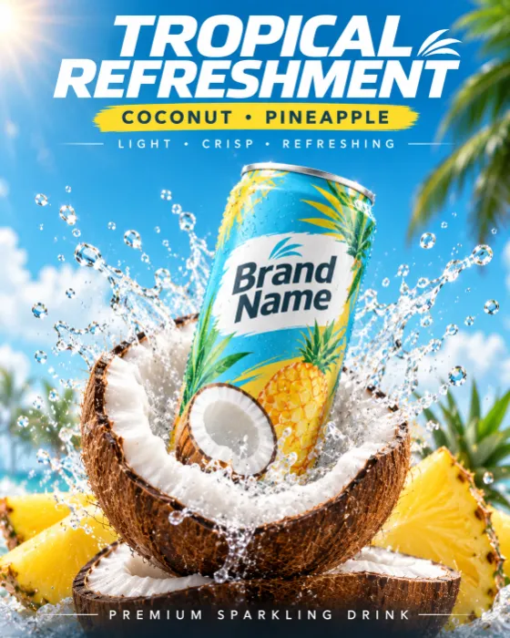 Commercial beverage poster featuring a tropical drink can inside a fresh coconut with water splashes.