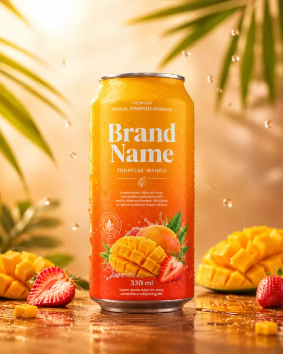 Commercial tropical beverage can with fresh fruit and premium studio lighting.