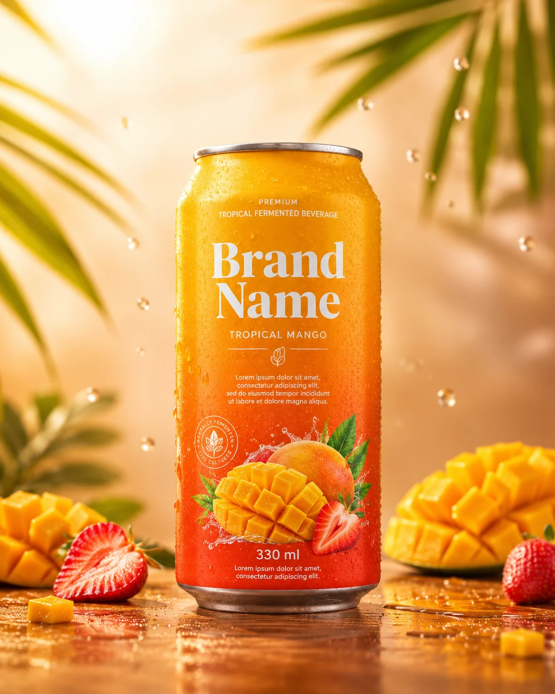 Commercial tropical beverage can with fresh fruit and premium studio lighting.
