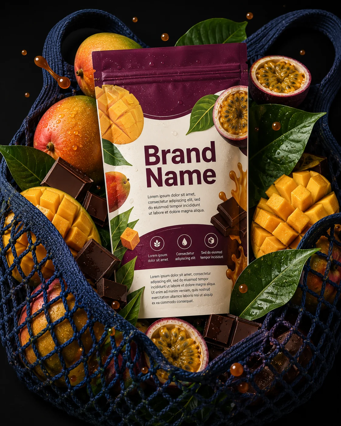 Stand-up candy pouch in navy mesh bag with fresh mangoes, passion fruit, and dark chocolate on black background.