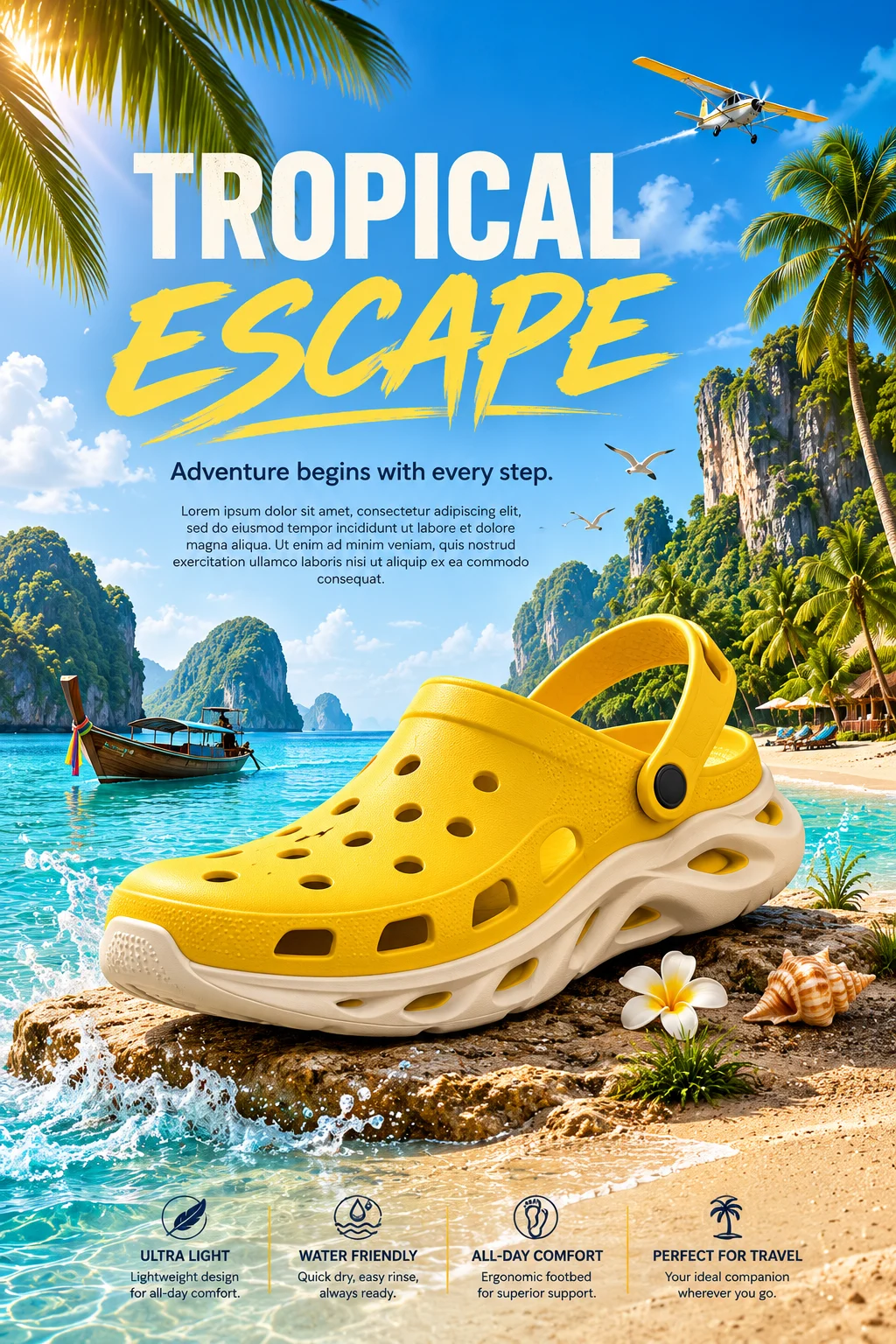 A premium yellow adventure clog transformed into a tropical island within a turquoise lagoon in a surreal advertising composition.