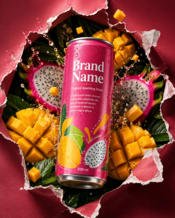 Tropical fruit soda can with mango and dragon fruit in a torn paper product shot.