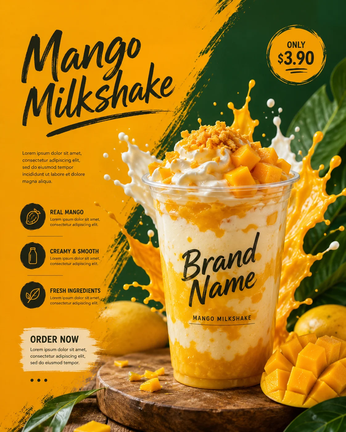 Commercial poster showing a premium layered mango milkshake with whipped cream, mango pieces and dynamic fruit splashes.