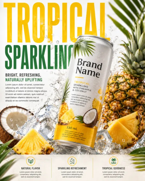 Premium tropical sparkling beverage can surrounded by pineapple, coconut, ice cubes, and water splashes.