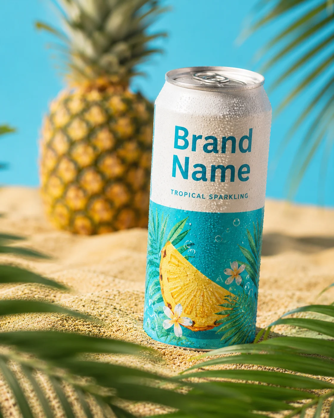 Commercial tropical beverage can photographed in sand with palm leaves and pineapple background.