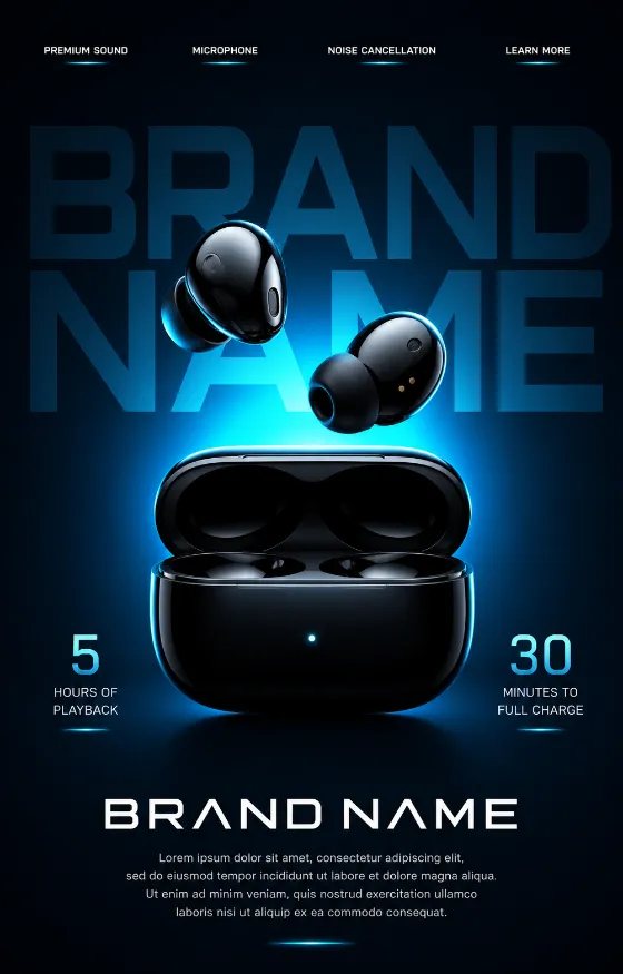 Minimal luxury wireless earbuds campaign poster with premium studio lighting.
