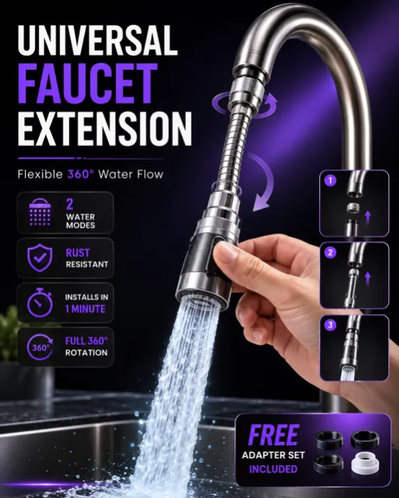 Commercial product poster showing a flexible kitchen faucet extension with premium metallic finish.