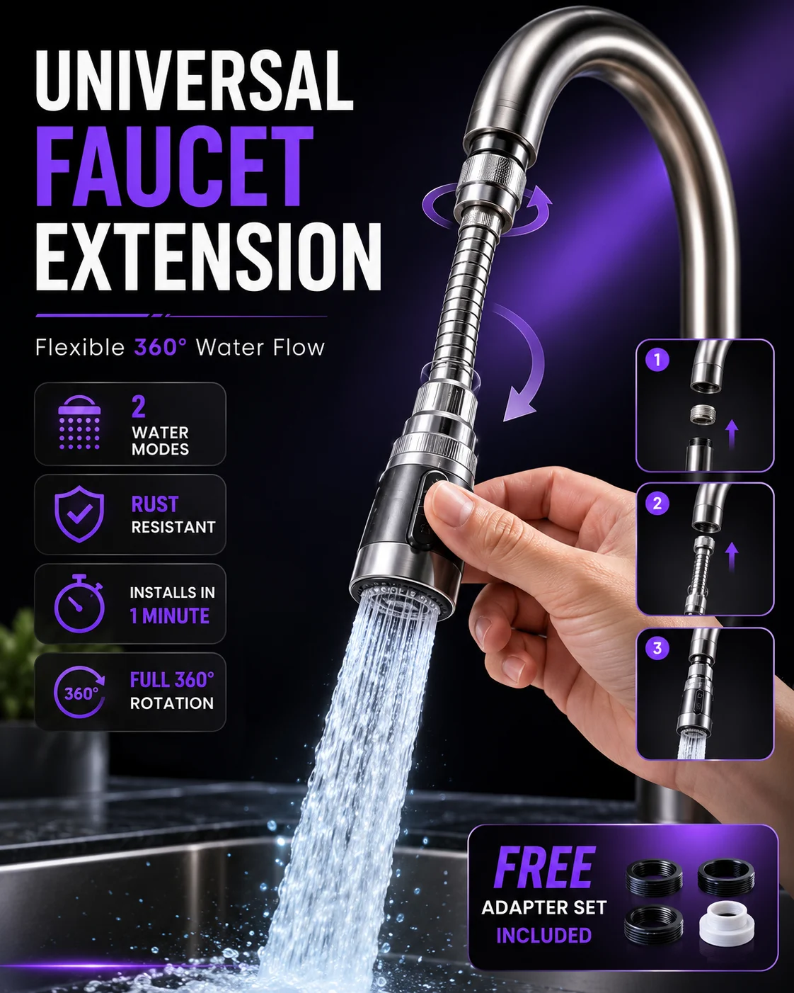 Commercial product poster showing a flexible kitchen faucet extension with premium metallic finish.